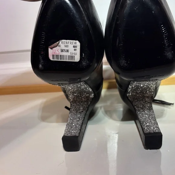 Miu Miu Black Leather Platform Ankle Boots with Glitter Block Heel - Picture 12 of 15